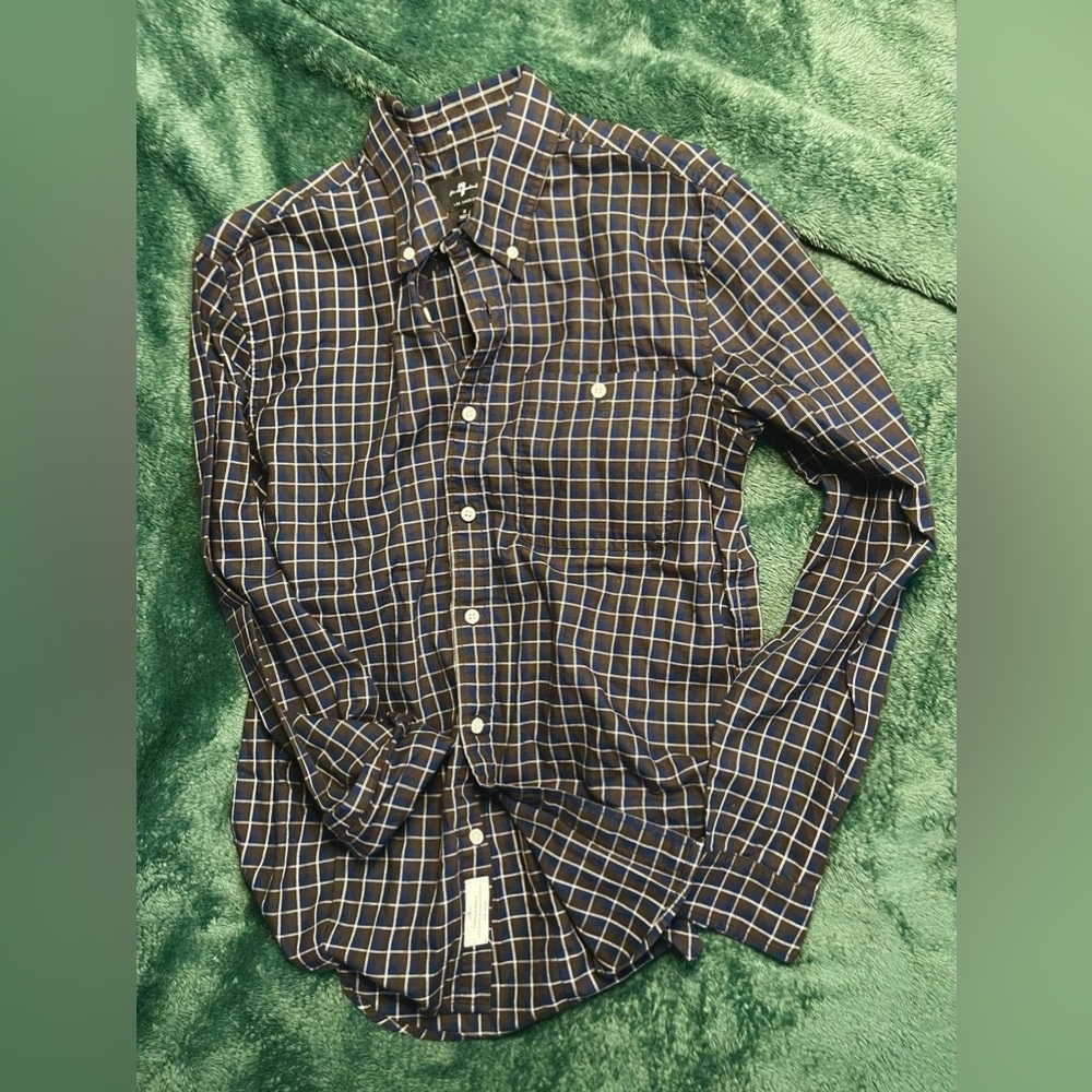7 For All Mankind Plaid Button Down Shirt - Brown Blue, Small